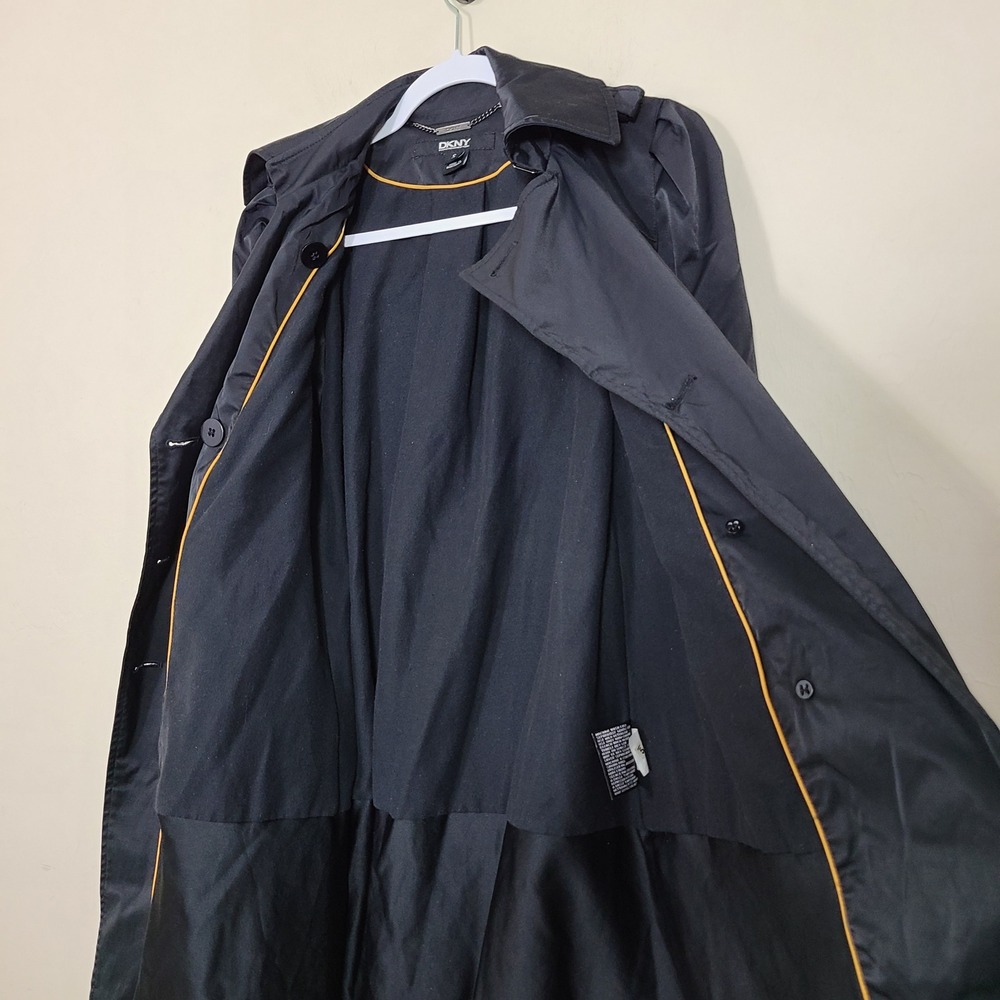 DKNY Black Trench Rain Coat S Lined Belted Pleated Casual Streetwear Fleur Noire - Picture 8 of 15